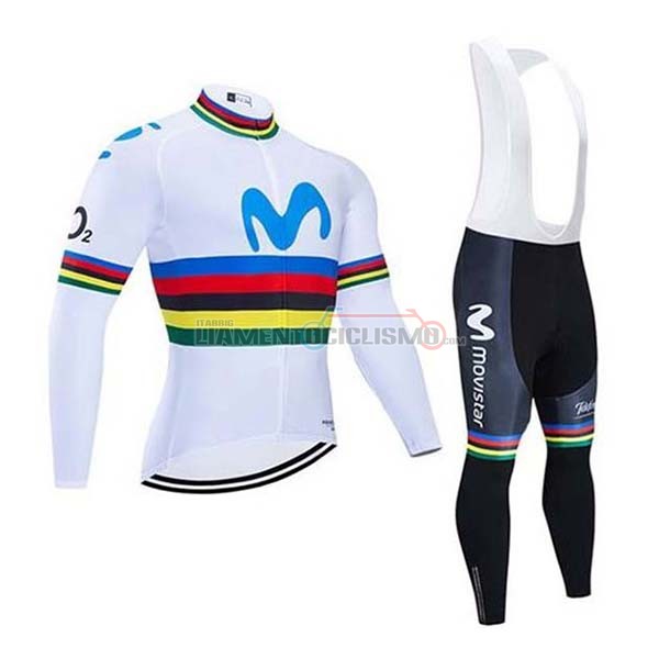 Abbigliamento Ciclismo UCI Mondo Campione Movistar Manica Lunga 2020 Bianco Blu